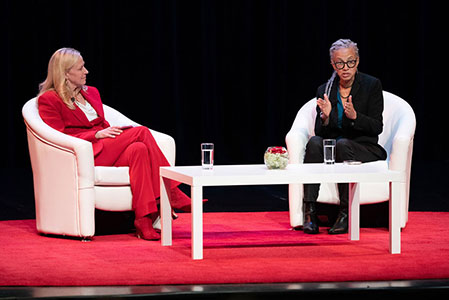 Maurie McInnis and Linda Villarosa speaking on stage