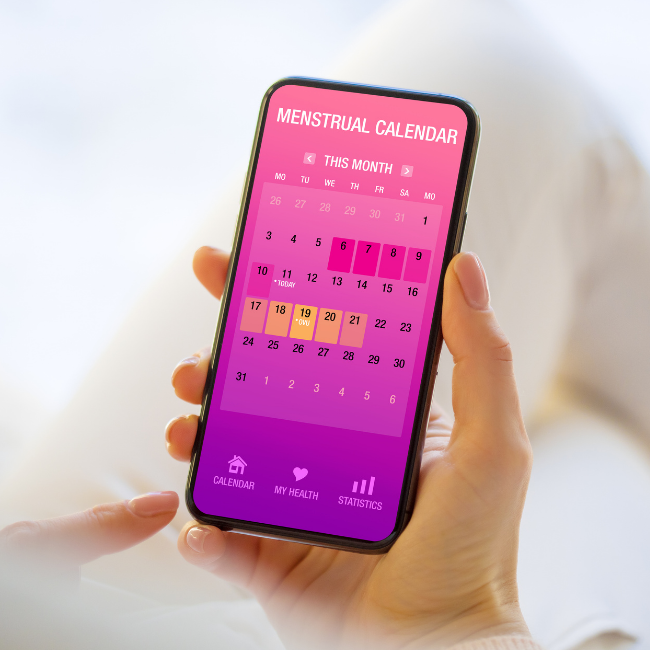 Aplicación de calendario menstrual en un teléfono