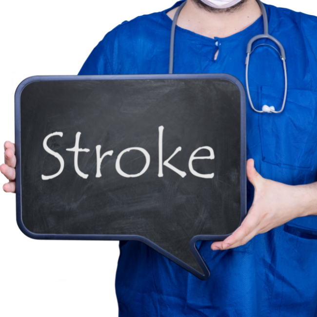 medical professional holding a blackboard with the word stroke