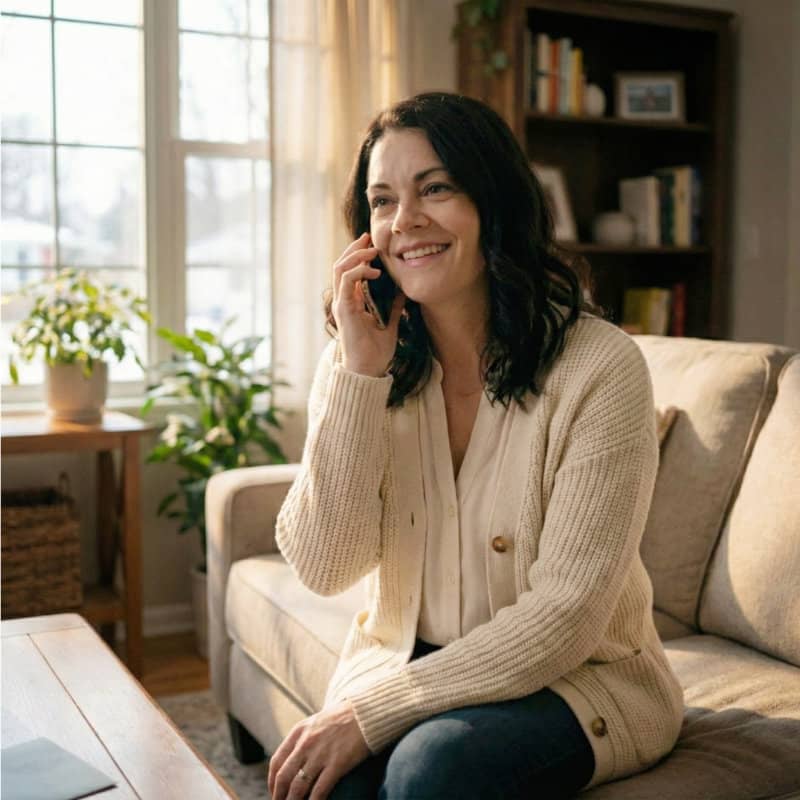 A woman with dark, wavy hair smiles while talking on her phone, sitting comfortably on a light-colored couch in a sunlit living room with plants and a bookshelf in the background.