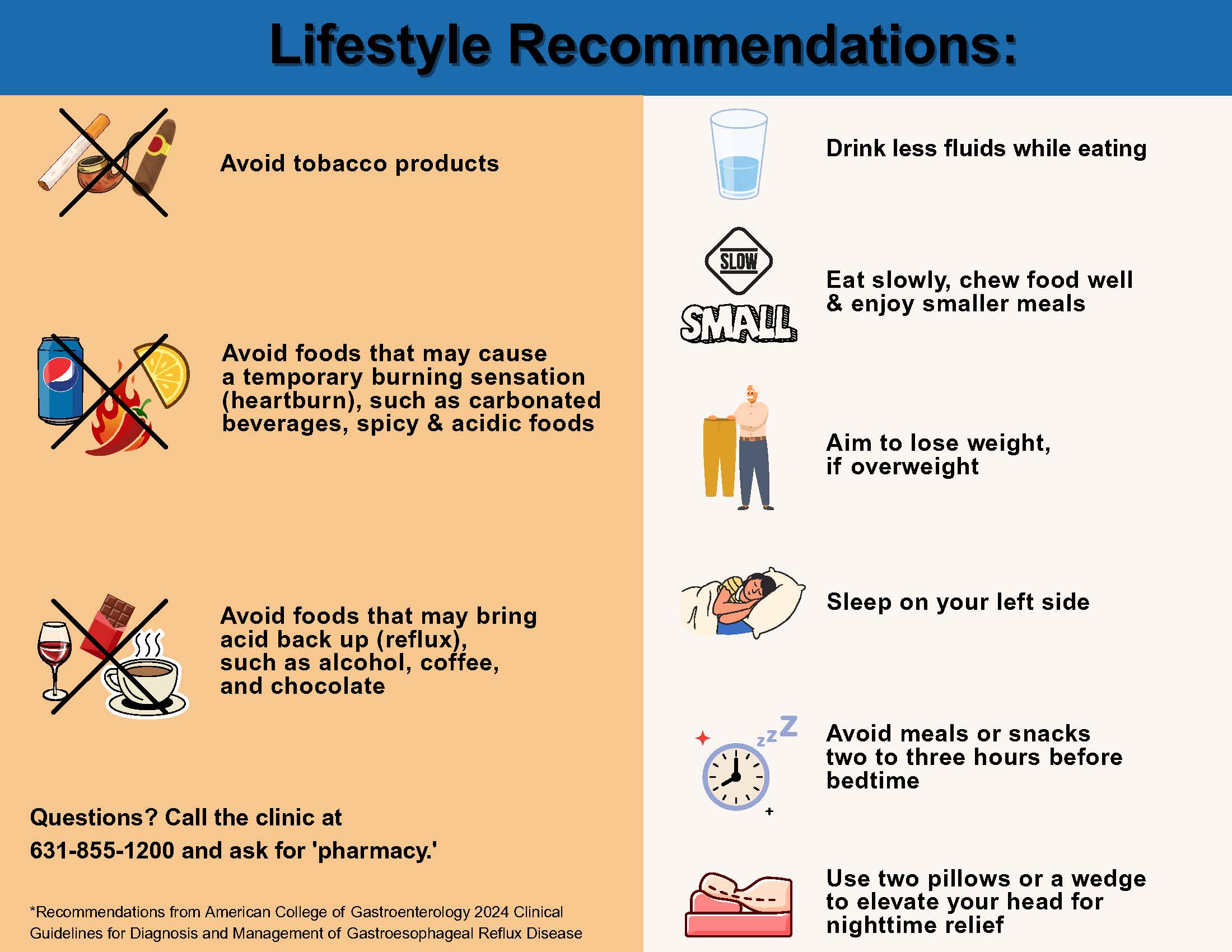 Heartburn‑relief tips showing foods and habits to avoid, plus recommended eating and sleeping practices. Key points include avoiding triggers, eating smaller meals, not eating before bed, and elevating the head while sleeping.