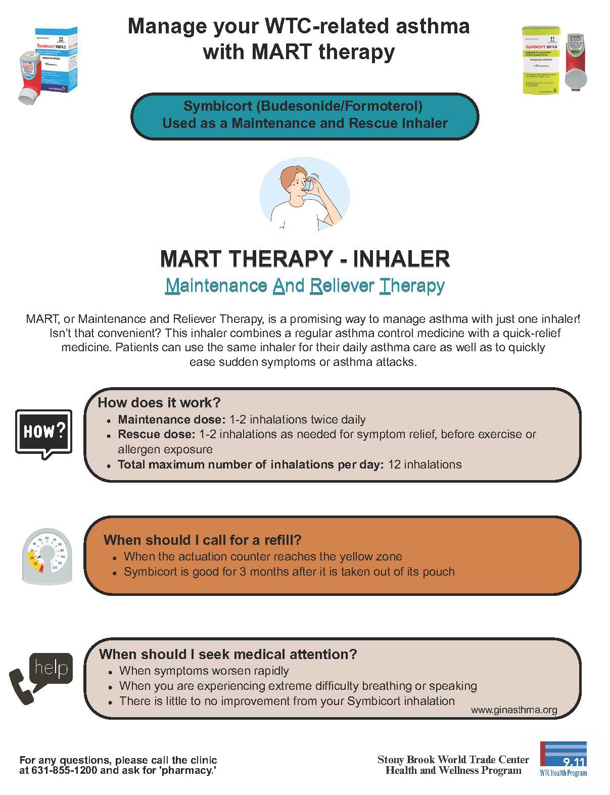 Flyer explaining how an inhaler can be used for both daily asthma control and quick relief. It outlines dosing limits, when to refill, and when to seek medical care. Images show an inhaler, a person using it, a dose counter, and a phone for help.