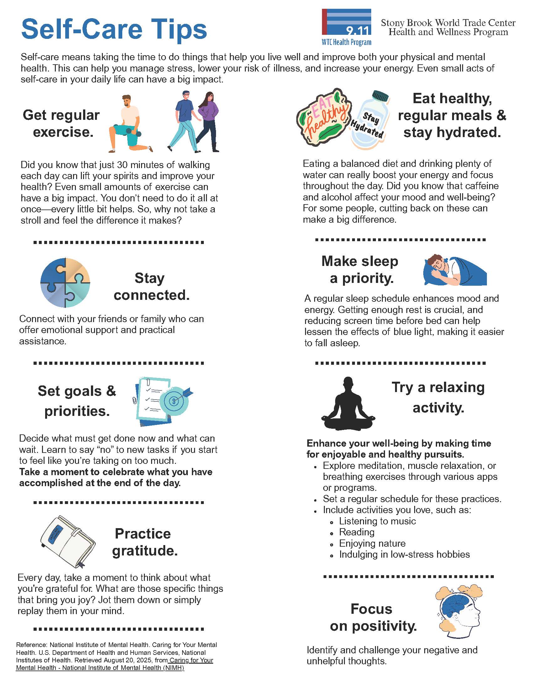 Self-care tips flyer highlighting exercise, healthy eating, hydration, sleep, connection, goal-setting, gratitude, relaxation, and positive thinking.