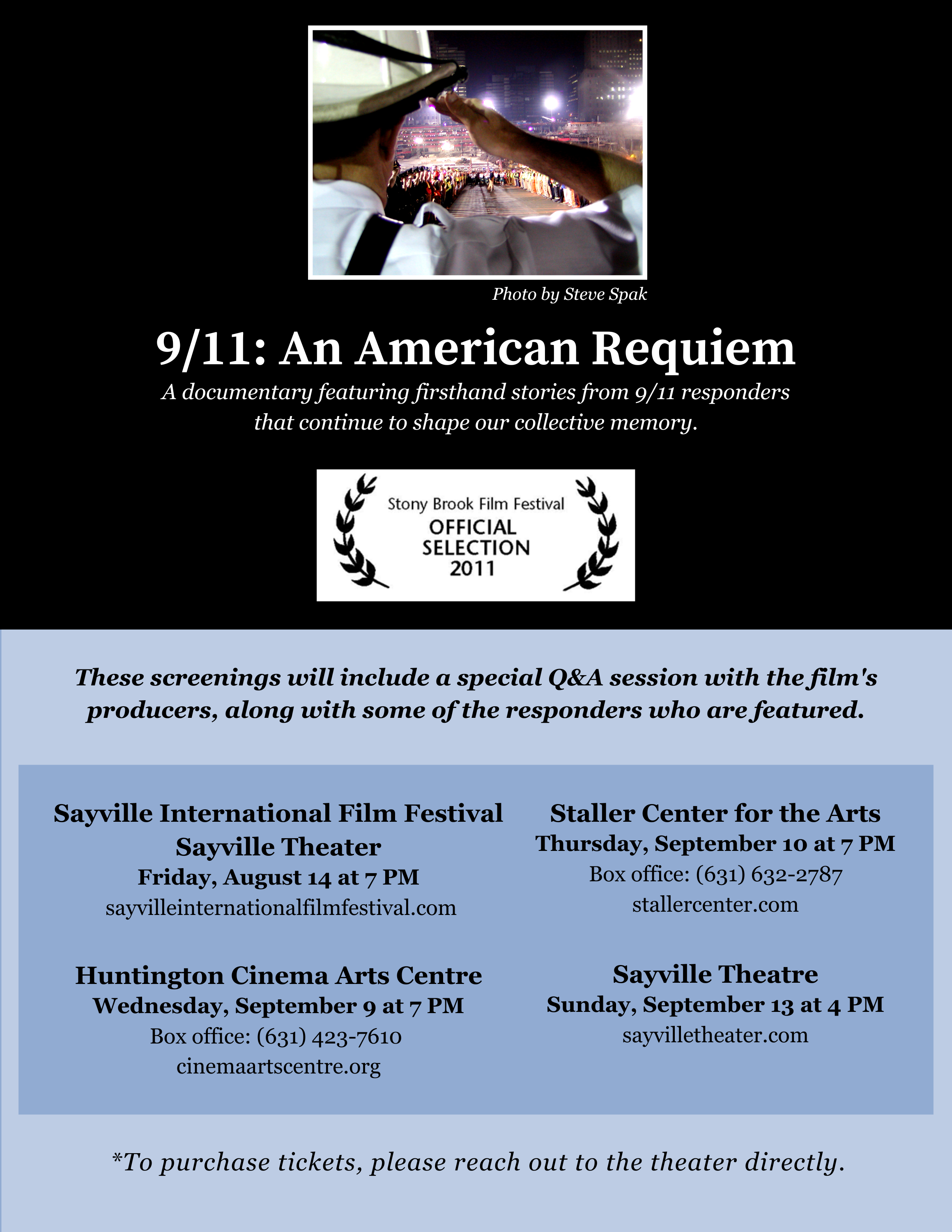  The flyer lists showings of the 9/11: An American Requiem documentary and a Q&amp;A with 9/11 first responders and film producers at local Long Island theaters.