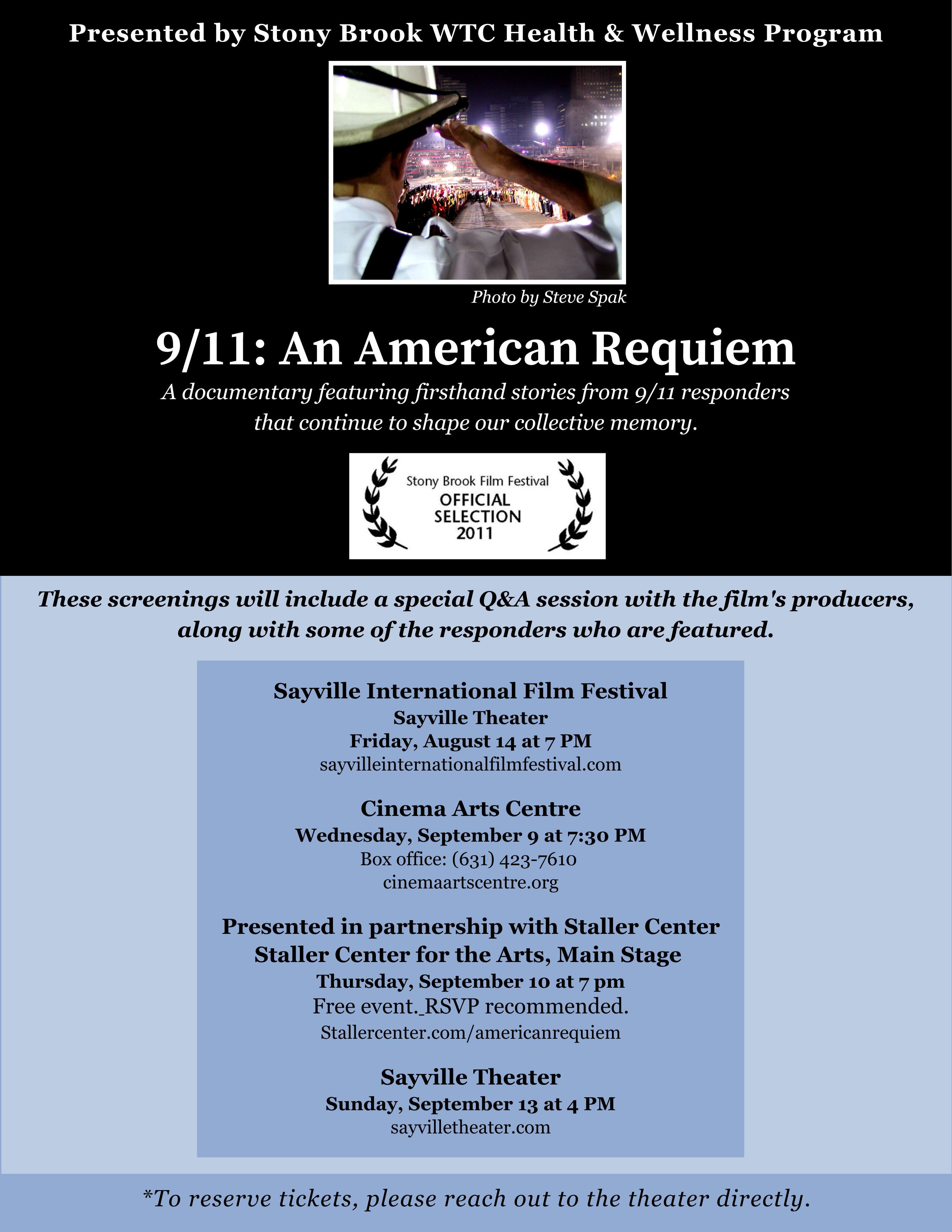 The flyer lists showings of the 9/11 An American Requiem film at local Long Island movie theaters.