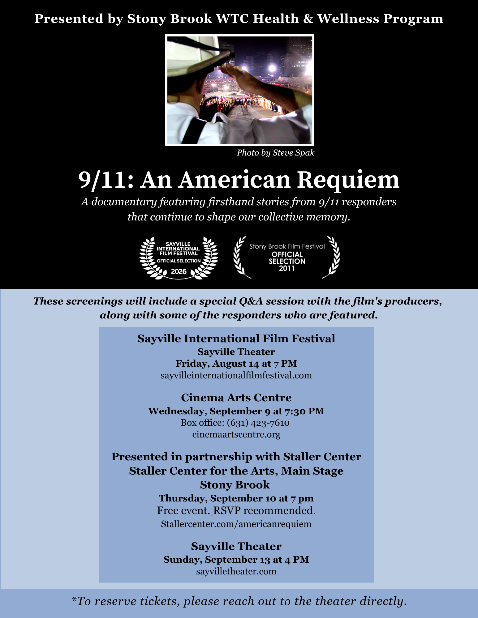 Move Theater Special Screenings The flyer lists showings of the 9/11 An American Requiem film at local Long Island movie theaters.