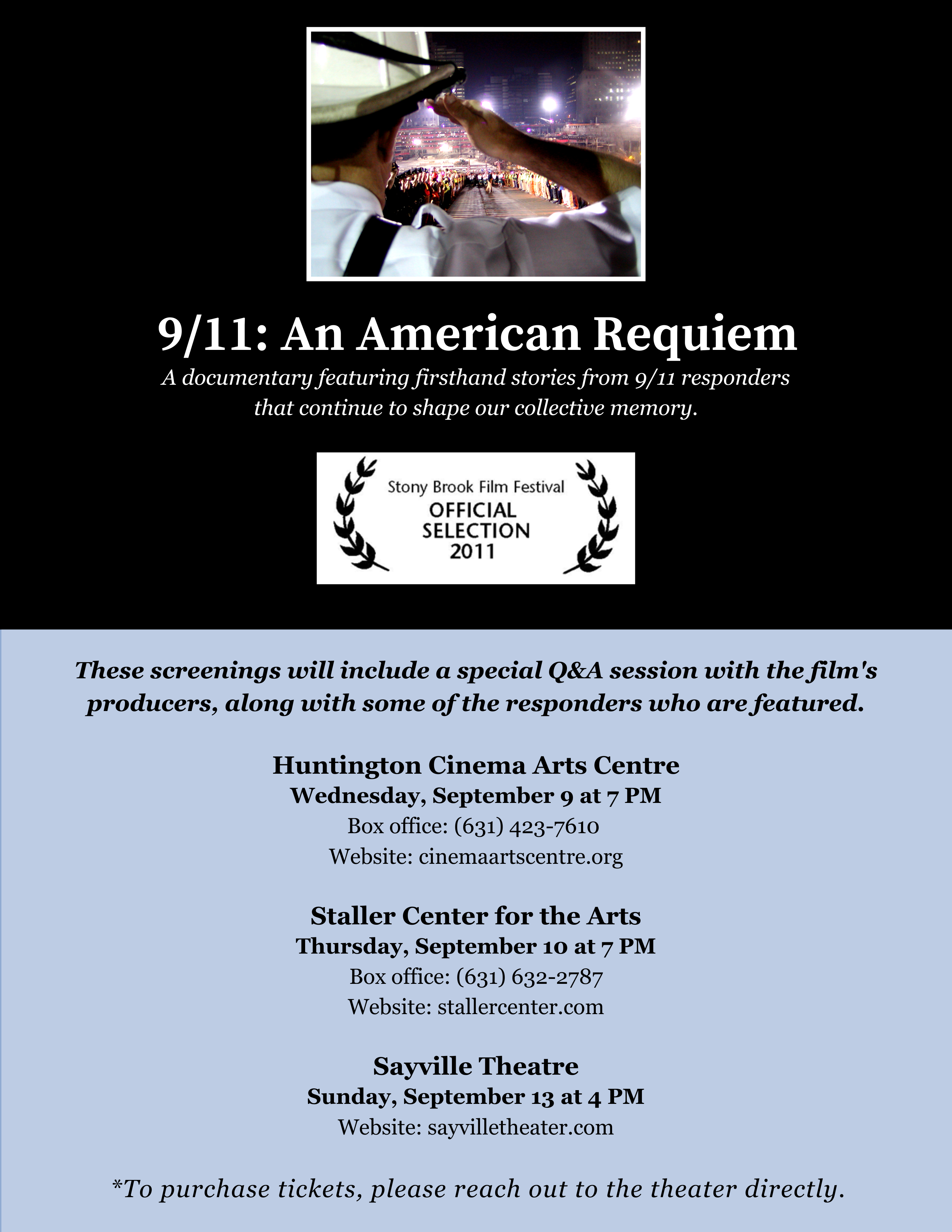 The flyer lists showings of the 9/11: An American Requiem documentary and a Q&amp;A with 9/11 first responders and film producers at local Long Island theaters.