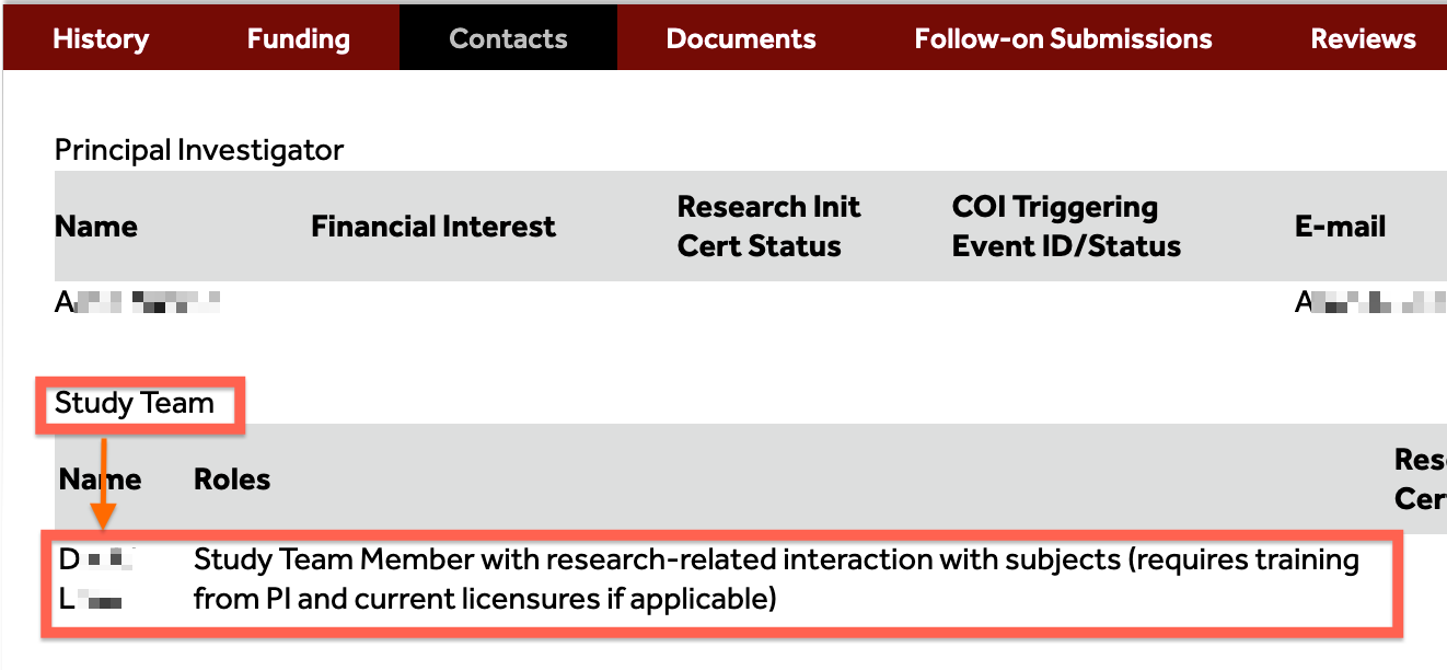 Screenshot showing Contacts in irb myresearch