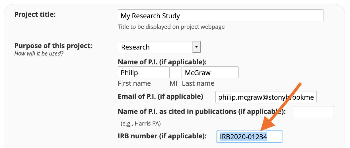 Screenshot showing IRB number field