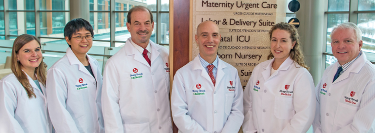 (l to r) Pediatric nurse practitioner Michelle L. Ceo; pediatric surgeon Dr. Helen Hsieh; pediatric surgeon Dr. Charles V. Coren; pediatric surgeon Dr. Christopher S. Muratore, chief of pediatric surgery; pediatric surgeon Dr. Erica R. Gross; and pediatric surgeon Dr. Richard J. Scriven. an image is here