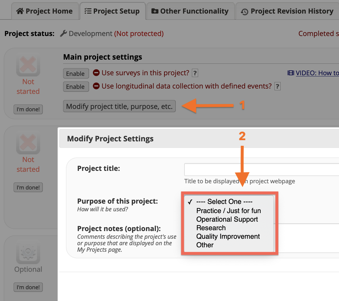 Screenshot showing project purpose menu