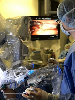 Physician controlling a robot in surgery