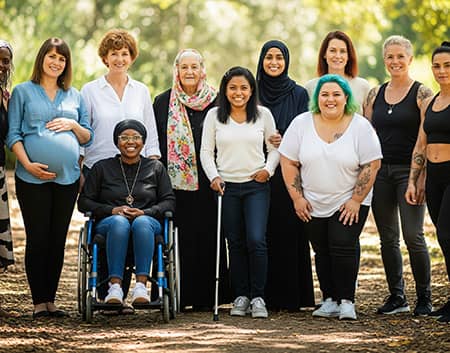 Multigenerational, diverse group of women, including a pregnant woman, an elderly woman with a cane, and one in a wheelchair, smiling indoors.