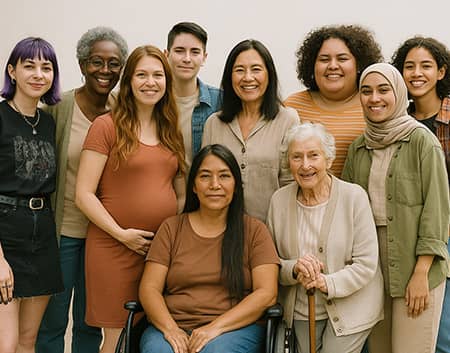 Diverse group of women, including a pregnant woman, a woman in a wheelchair, and one with a white cane, smiling outdoors.