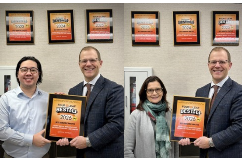 Left image: Drs. Ed Lee and Konstantinos Spaniolas. Right image: Cathy Tuppo and Dr. Spaniolas.